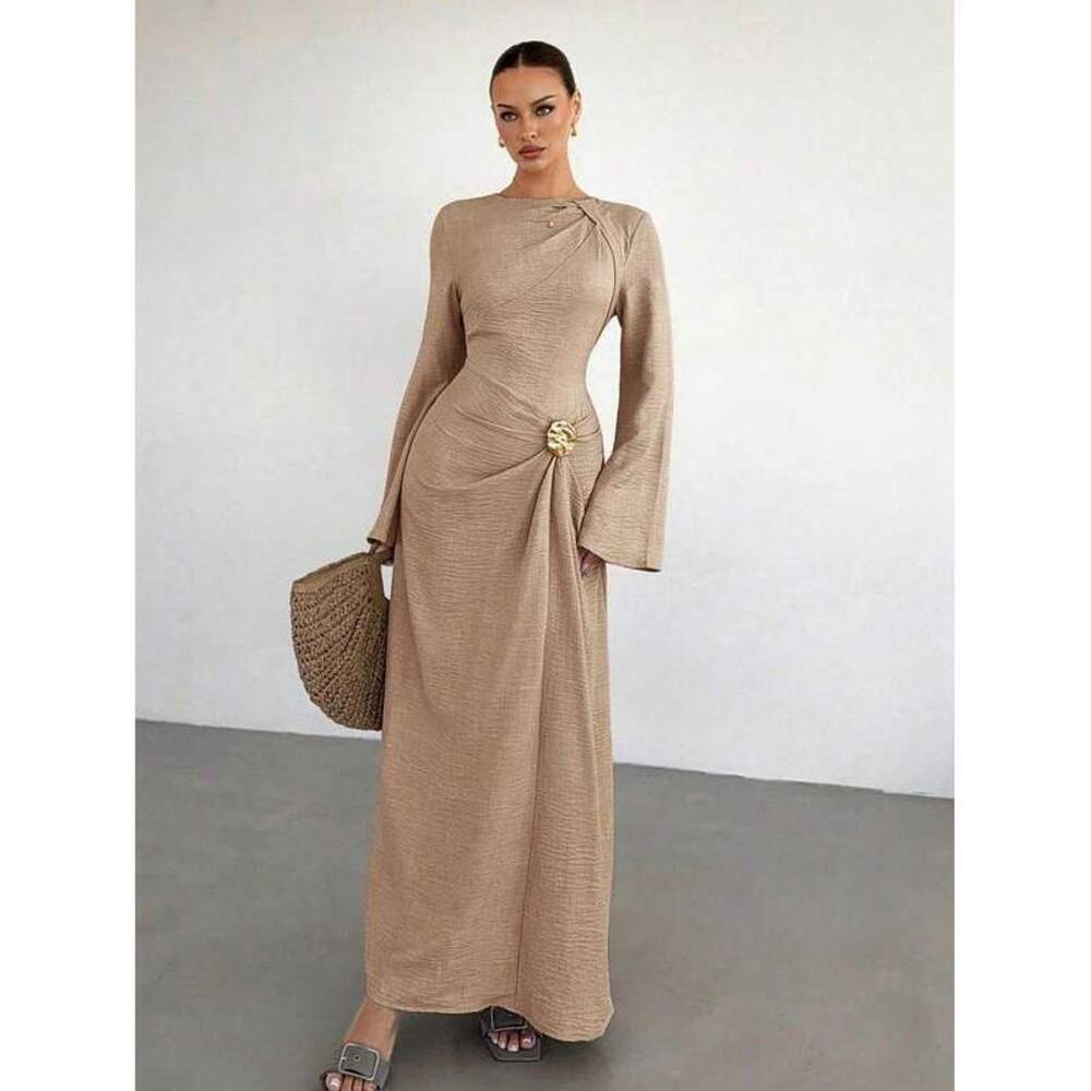 Siren Gaze Twist Front Metal Buckle Flare Long Sleeve Dress,Khak - Picture 1 of 6